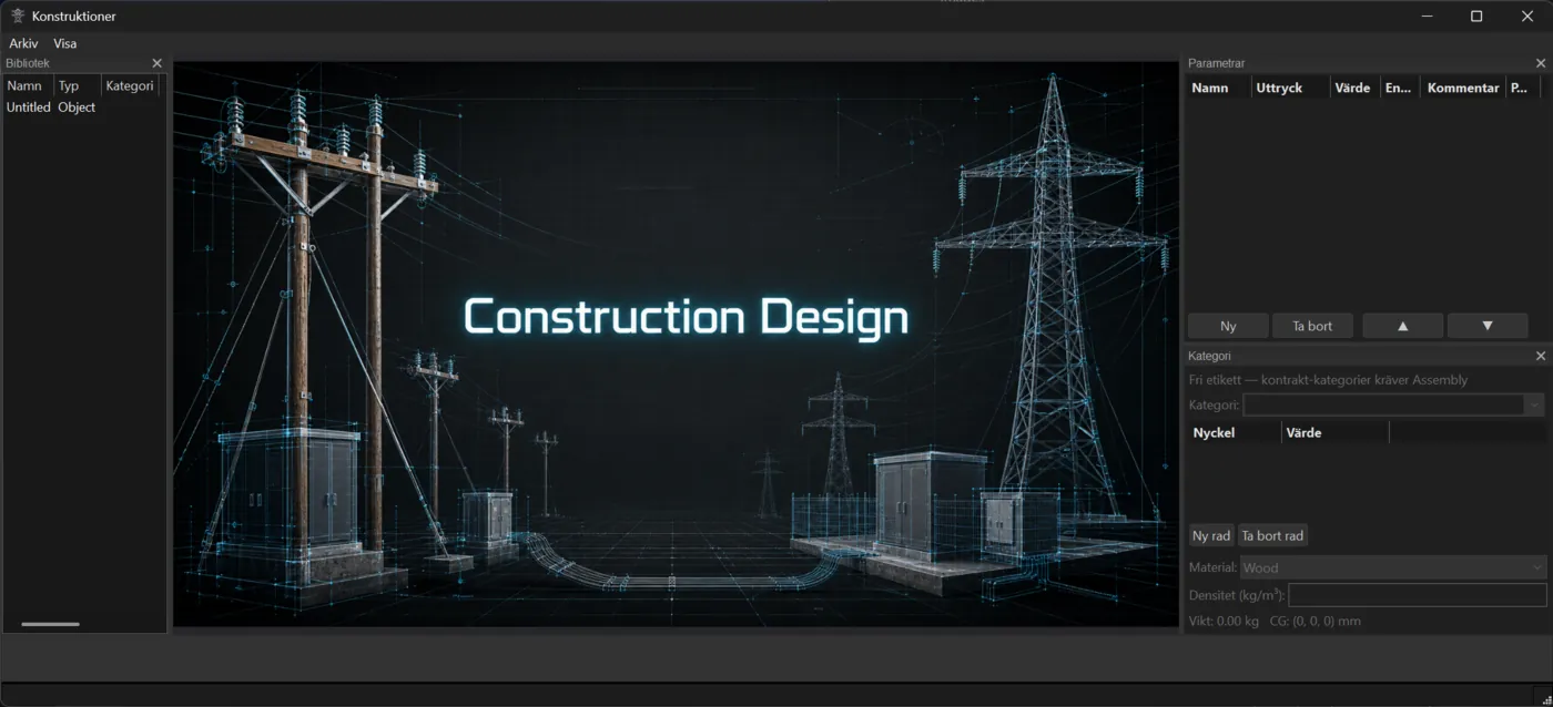 ConstructionDesign med biblioteket till vänster och parametrar och materialval till höger.