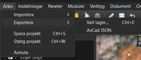 Menyn Arkiv med undermenyn Exportera utfälld. Där står Valt lager… med Ctrl+E, och AvCad JSON.