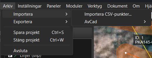 Menyn Arkiv med undermenyn Importera utfälld. Där står Importera CSV-punkter… och AvCad.