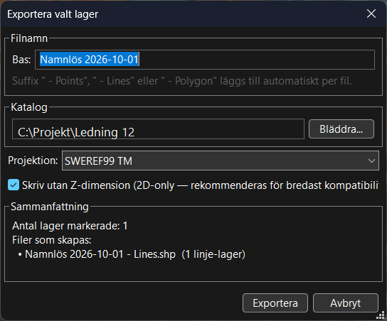 Dialogen Exportera valt lager med filnamn, katalog, projektion, kryssrutan för utan Z och en sammanfattning av filerna som skapas.