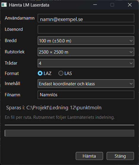 Fönstret Hämta LM Laserdata med användarnamn, lösenord, bredd, rutstorlek, trådar, format, innehåll, filnamn och knapparna Hämta och Stäng.