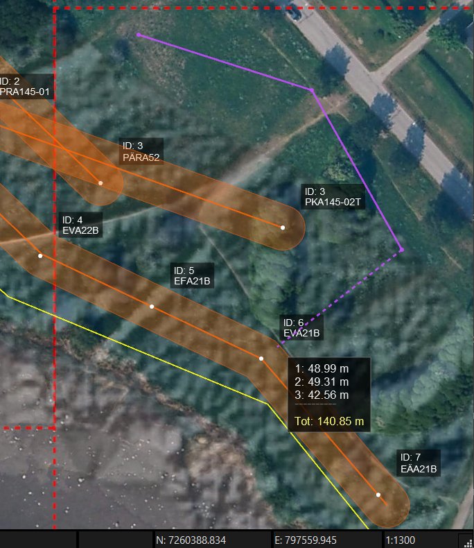 En mätlinje i lila över ortofoto med tre delar. Rutan bredvid visar 1: 48.99 m, 2: 49.31 m, 3: 42.56 m och Tot: 140.85 m.