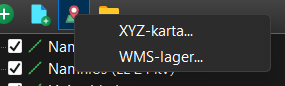 Menyn under bakgrundsknappen i lagerpanelen, med XYZ-karta och WMS-lager.