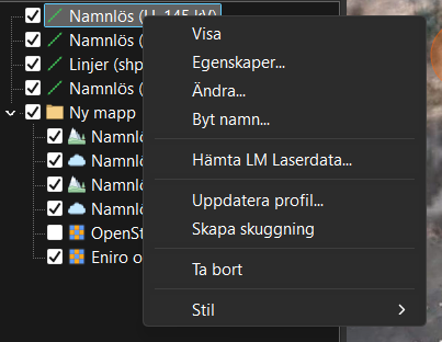 Högerklicksmenyn för en luftledning i lagerpanelen: Visa, Egenskaper, Ändra, Byt namn, Hämta LM Laserdata, Uppdatera profil, Skapa skuggning, Ta bort och Stil.