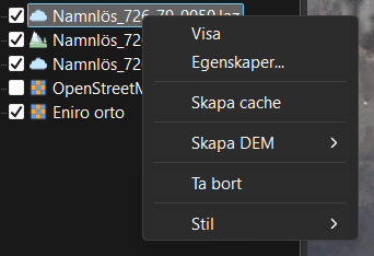 Högerklicksmenyn för ett punktmoln: Visa, Egenskaper…, Skapa cache, Skapa DEM, Ta bort och Stil.