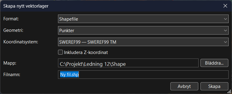 Fönstret Skapa nytt vektorlager med format, geometri, koordinatsystem, kryssrutan Inkludera Z-koordinat, mapp och filnamn.