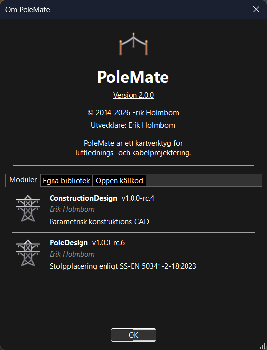Om PoleMate med version 2.0.0 och, på fliken Moduler, ConstructionDesign och PoleDesign med versioner och en kort beskrivning.
