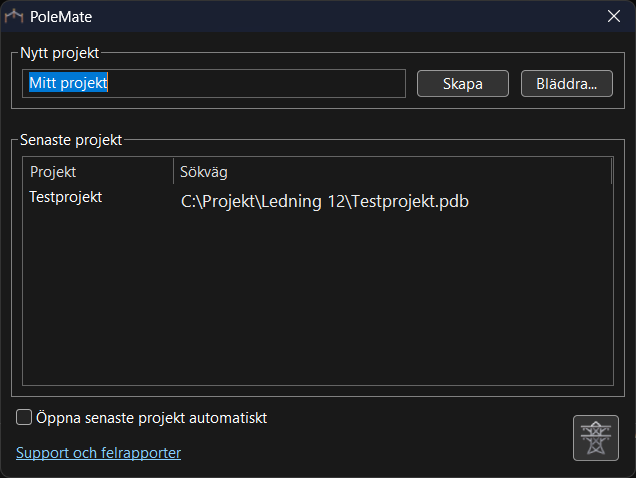 Projektfönstret med rutan Nytt projekt överst, knapparna Skapa och Bläddra, listan Senaste projekt och kryssrutan Öppna senaste projekt automatiskt.