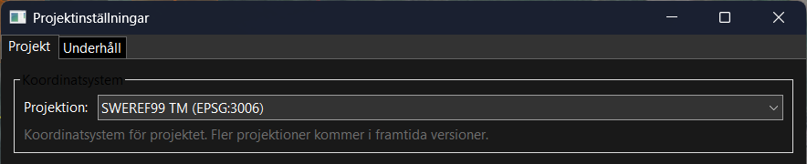 Projektinställningar, fliken Projekt, med projektionen SWEREF99 TM (EPSG:3006).