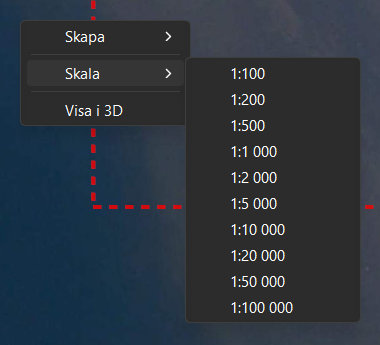 Högerklicksmenyn på kartan med Skala utfälld: 1:100, 1:200, 1:500, 1:1 000, 1:2 000, 1:5 000, 1:10 000, 1:20 000, 1:50 000 och 1:100 000.