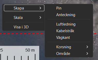 Högerklicksmenyn på kartan med Skapa utfälld: Pin, Anteckning, Luftledning, Kabelstråk, Vägkant, Korsning och Område.