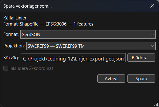 Fönstret Spara vektorlager som… för lagret Linjer: källan överst, sedan format GeoJSON, projektion SWEREF99 TM, sökväg, kryssrutan Inkludera Z-koordinat, och knapparna Avbryt och Spara.