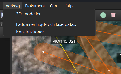 Menyn Verktyg med 3D-modeller…, Ladda ner höjd- och laserdata… och Konstruktioner.
